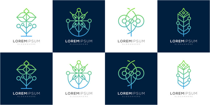 Collections of Green Nature Tech and Flower Line Art Logo Design Inspirations. Modern Sustainable and Digital Circuit Nodes Concept. Geometric abstract vector icon symbols.