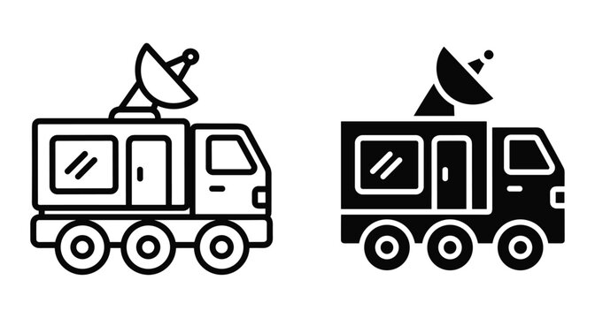 Mobile broadcasting truck icon set with satellite dish for television news media communication signal transmission and remote live broadcast vehicle
