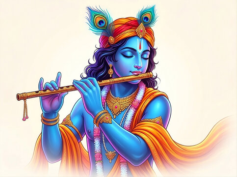 Hindu deity Lord Krishna playing his flute, In the background is soft cream.