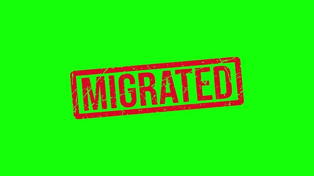 Red MIGRATED Rubber Stamp Animation with Grunge Texture on White and Green Screen. A red stamp on a green background.