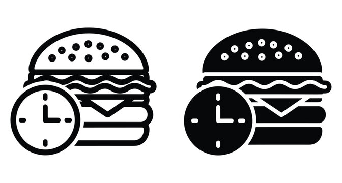 Burger and clock icon set representing fast food delivery service lunch time meal preparation quick snack restaurant order and timing