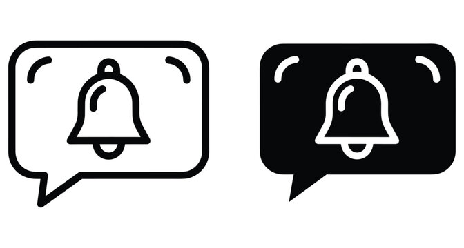 Notification bell icon set in speech bubble outline and solid glyph style for mobile app interface alert message system design