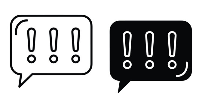 Speech bubble icons with exclamation marks representing alert notification warning message communication chat symbol set in outline and solid style