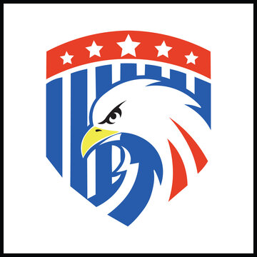Bold patriotic emblem featuring a stylized bald eagle head on a shield with red, white, and blue colors. Ideal for 4th of July, veterans day, political campaigns, and national pride branding.