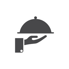 Fototapeta premium Minimalist Food Serving Silhouette Icon – Waiter Hand Holding Tray, Restaurant Service Symbol for Catering and Hotel Design.