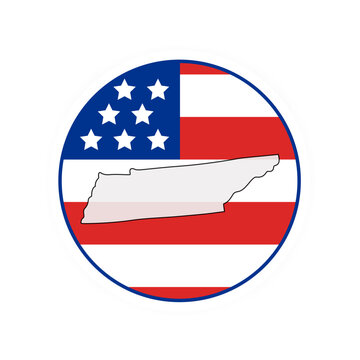 Tennessee state map over USA flag badge. Tennessee state map silhouette overlaid with the United States flag.