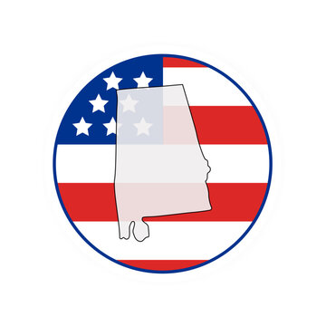 Alabama state map over USA flag badge. Alabama state map silhouette overlaid with the United States flag.