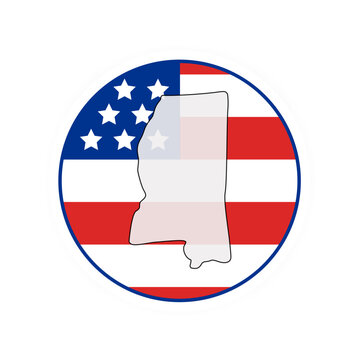 Mississippi state map over USA flag badge. Mississippi state map silhouette overlaid with the United States flag.