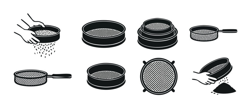 Sieve Icon Set Kitchen Tool Illustration for Flour and Grains Preparation, Professional Cooking Equipment and Baking Utensils Vector Collection, Flat Silhouette Design for Culinary Recipes and Food Pr