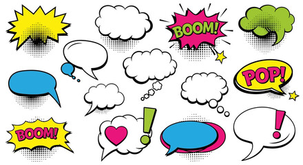 Comic speech bubbles, colorful pop art, conversation icons, chat symbols isolated on White Background Editable EPS © Md Shaikh Farid