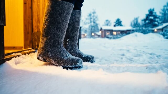 Person in warm felt boots stepping from a cozy wooden doorway into deep fresh snow for a winter wonderland concept and cold weather adventure
