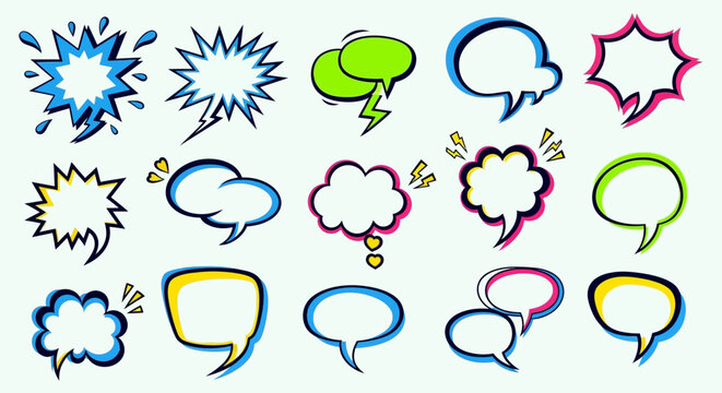 Comic speech bubbles, colorful chat icons, cartoon dialogue boxes, vector comment symbols isolated on White Background Editable EPS