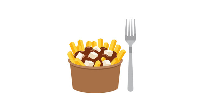 Stylized illustration of traditional Canadian poutine. Golden fries, savory gravy, and cheese curds in a bowl with a fork, popular comfort food and quick snack