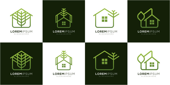 Green House Line Art with Leaf and Tree Branch Logo Design Collections. Eco Friendly Real Estate or Sustainable Living. Geometric abstract vector icon symbols.