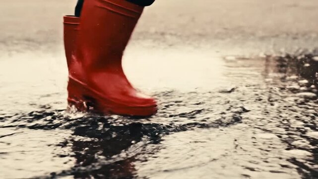 Close up of vibrant red rain boots splashing in a shallow puddle on wet asphalt for carefree childhood joy concept and rainy day adventure