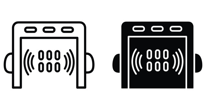 Security metal detector gate icon set with signal waves for airport safety checkpoint protection monitoring surveillance access control system equipment