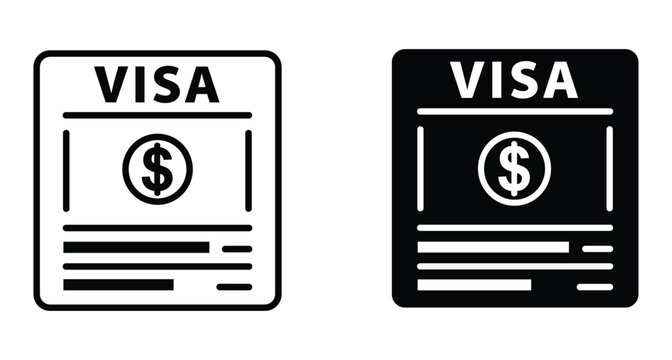 Visa document icon set showing travel permit application with dollar sign symbol for payment processing and financial transaction fee details