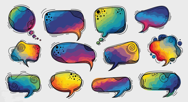 Colorful speech bubbles, rainbow chat icons, vibrant dialogue stickers, vector comments isolated on White Background Editable EPS