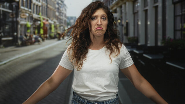 Young hispanic woman with pursed lips and visible face standing on a city street wearing white t shirt and jeans; disappointment uncertainty.