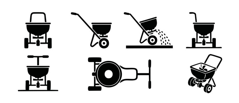 Broadcast Spreader Icon Set, Lawn Fertilizer Seeder Tool, Gardening Equipment Symbols for Grass Planting and Soil Care, Professional Agriculture Vector Graphic Collection for Yard Maintenance and Farm