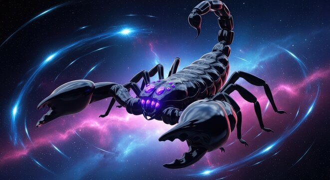 A giant obsidian scorpion with glowing violet eyes creeps through a dark celestial void filled with shimmering stardust and nebula clouds, stinger, monster, cosmos
