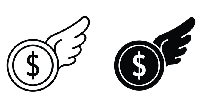dollar coin with wing icon set representing fast money transfer financial freedom inflation spending angel investment quick cash flow symbol