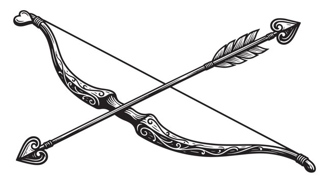 Vintage Cupid bow and arrow vector illustration, ornate heart shaped archery set, romantic woodcut style weapon for Valentine's Day and wedding design