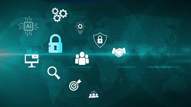 Digital cyber security, data protection, network defense, ethical hacking, encryption security, malware prevention, Motion graphics of security concept