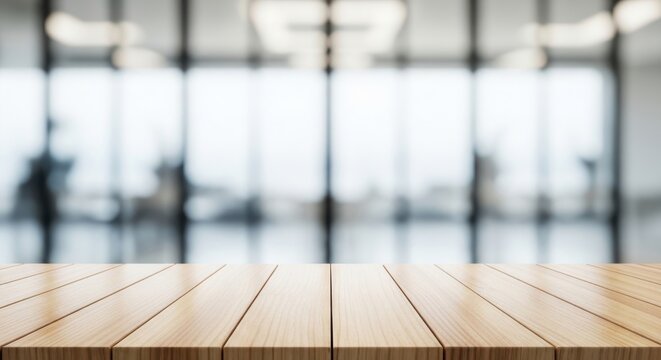 Empty Wooden Table Surface for Product Display in Blurred Modern Office Background