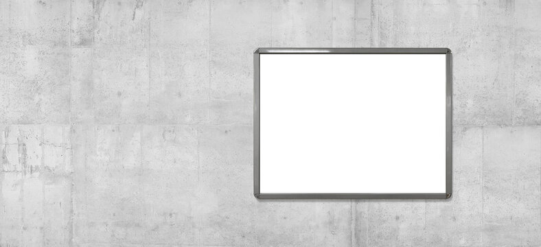 A blank horizontal 4x3 poster mockup in a snap frame on a concrete wall with space for text.
