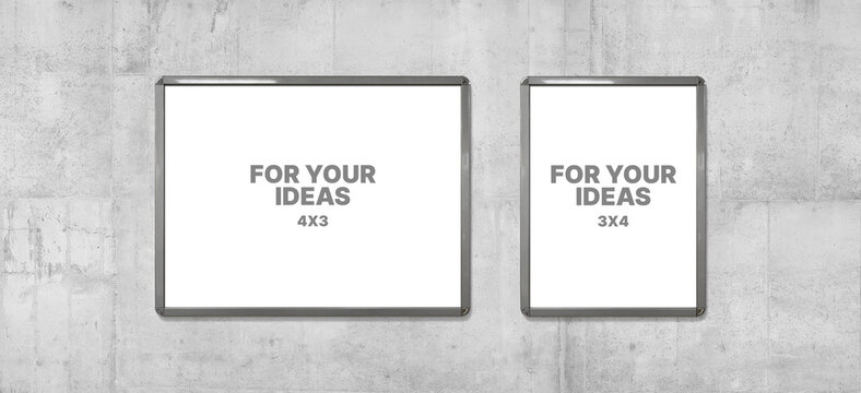 Two blank framed poster mockups on concrete wall, 4x3 and 3x4, urban advertising template