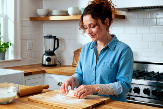 Young woman kneading dough on kitchen counter, preparing homemade bread and baking from scratch. Ideal for food blog, home cooking, recipe, lifestyle marketing