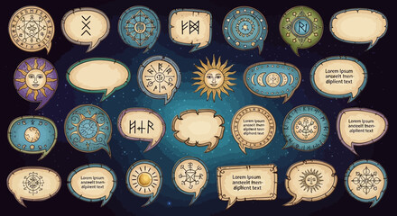 Vintage astrology symbols, ancient astronomy icons, celestial speech bubbles, mystical design elements isolated on White Background Editable EPS © Md Shaikh Farid