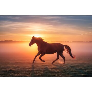A majestic red horse gallops through a misty field at sunrise, symbolizing the zodiac year with strength, power, and vibrant crimson light, zodiac, tradition, energy