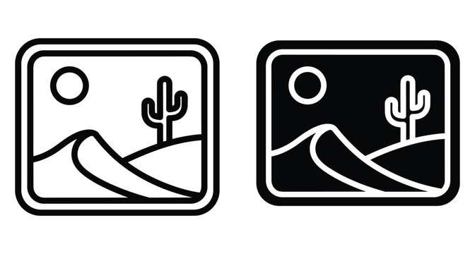 Desert landscape icon set featuring sand dunes cactus and sun in outline and solid black styles for web and mobile apps