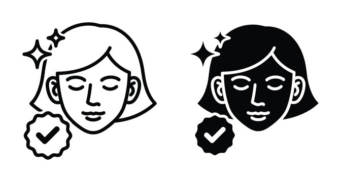 Woman face icon set with checkmark and sparkles representing clean skin dermatologically tested beauty treatment facial care healthy glow results