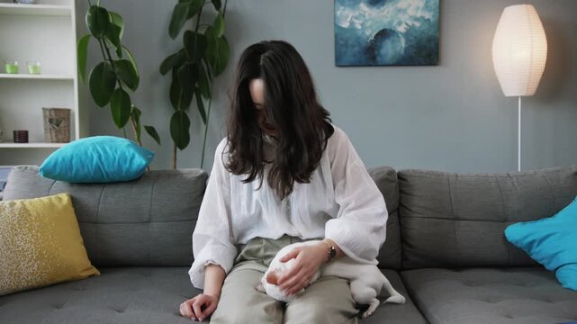 Good-looking Chinese girl holding sweet Chihuahua in hands, dancing with dog. Shooting of pretty pet and young woman. Love. Friendship. Animals. Home. Kitchen