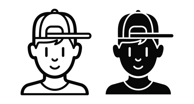 Boy avatar icon set featuring a young male wearing a baseball cap backwards in outline and solid black glyph styles
