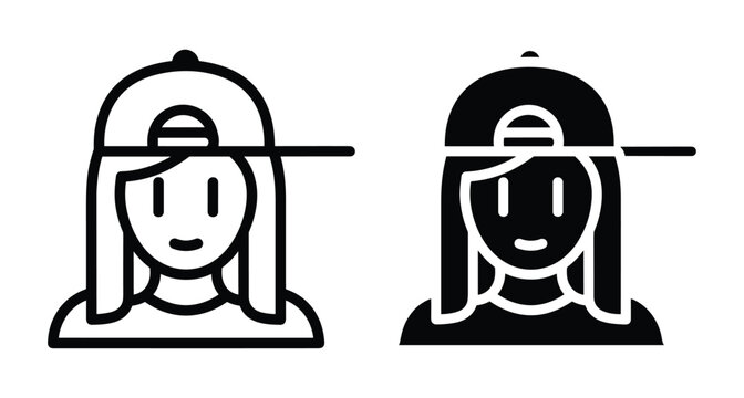 Girl wearing baseball cap backwards icon set featuring female avatar in line and solid styles for profile and user interface