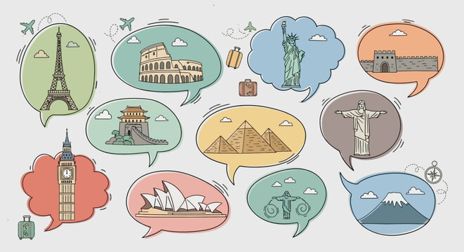 Travel landmarks icons, famous monuments set, world attractions, speech bubbles isolated on White Background Editable EPS