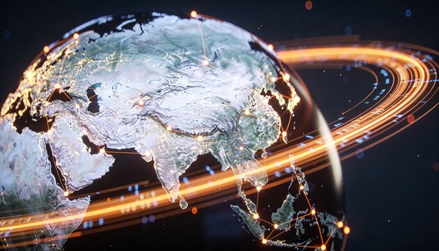 Glowing digital globe secured by interconnected network nodes, floating data streams orbiting the surface, minimalist clean 3D render, dark futuristic backdrop, vivid color scheme, logo-free