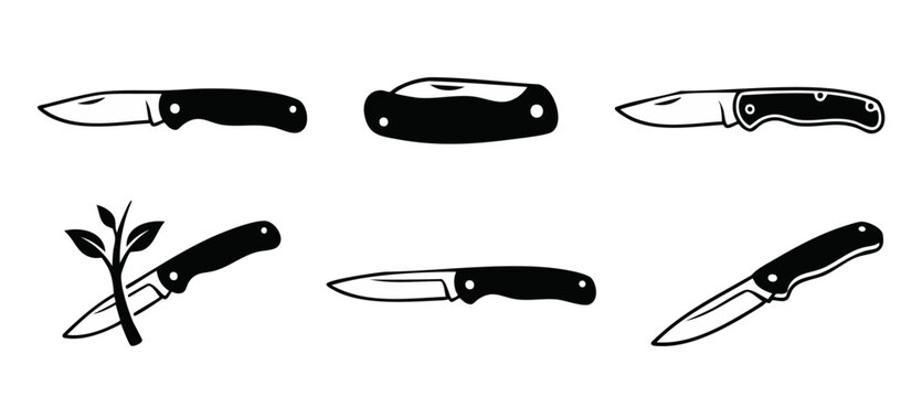 Pocket Knife Vector Set, Folding Blade Icons, Camping Tool Silhouettes, EDC Equipment for Hunting and Outdoor Survival, Minimalist Black Graphics on White Background for Logo Design and Gear Branding
