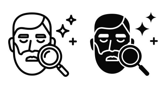 Bearded man face icon set with magnifying glass for skin care inspection facial recognition search and grooming analysis symbols vector