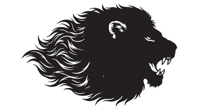 Roaring lion head vector illustration, black silhouette of a fierce lion profile with flowing mane, powerful predator mascot for sports team logo