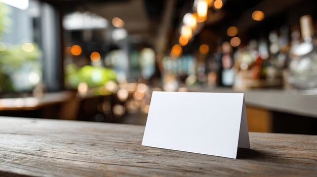 Blank white paper table tent sign on a blurred restaurant bar background