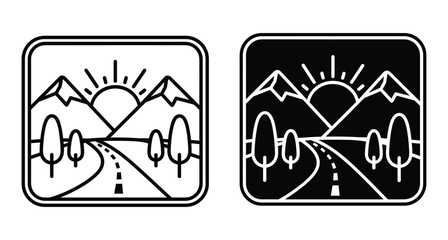 Naklejka premium Mountain landscape icon set featuring winding road rising sun and trees in square frame for travel adventure and nature branding