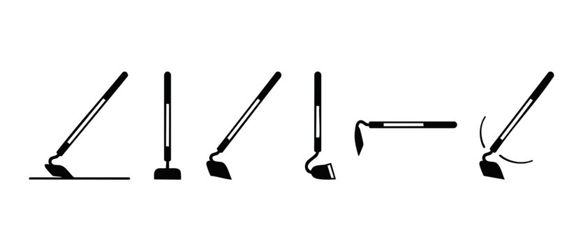 Hoe Tool Icon Set, Farming and Gardening Equipment Manual Tilling Symbols in Minimalist Black Line Style for Agriculture Infographics and Cultivation Guides, Vector Illustration Isolated on White Back