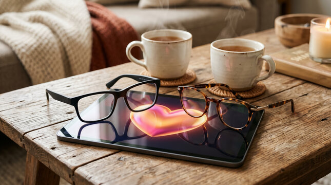 Cozy still life on a wooden table. A tablet displays a glowing 3D heart. Two pairs of reading glasses (male and female) rest near the tablet next to two steaming tea cups. Warm blur background.