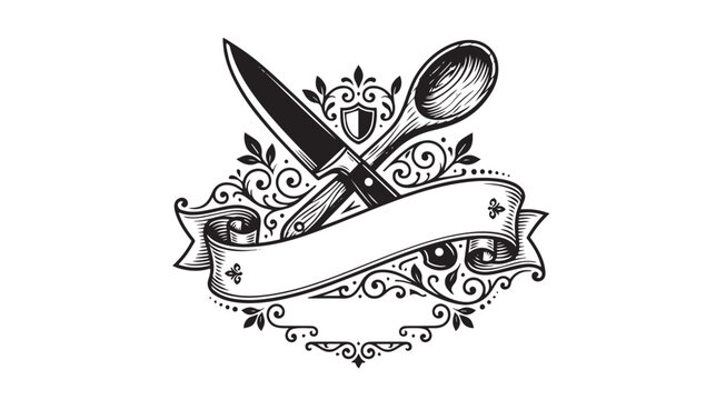 Vintage kitchen utensils, black and white illustration, ornate design, chef tools