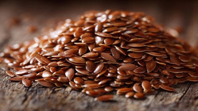 A pile of raw brown flax seeds on a wooden table